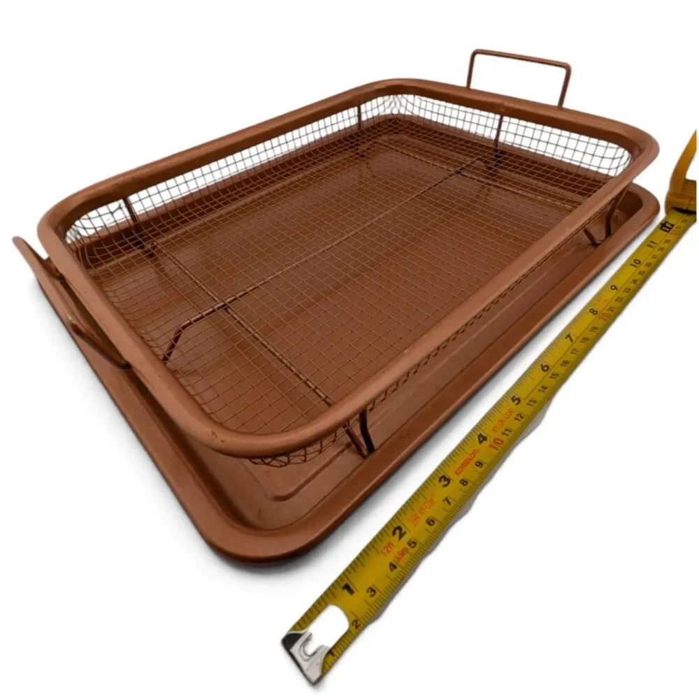 Copper Nonstick Baking Tray Roasting Pan w Mesh Basket Rack 2 Pc Set 12.75